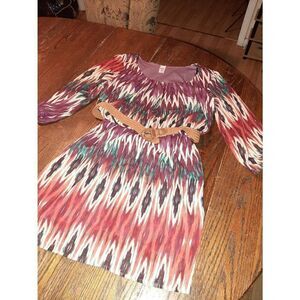 New Juniors Jr Size Medium Bongo Daytime Multi Chevon Rust Teal Belted Dress NWT